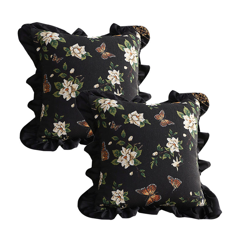 2X 45cm Square Plush Velvet Embroidered Butterfly Throw Pillow Black