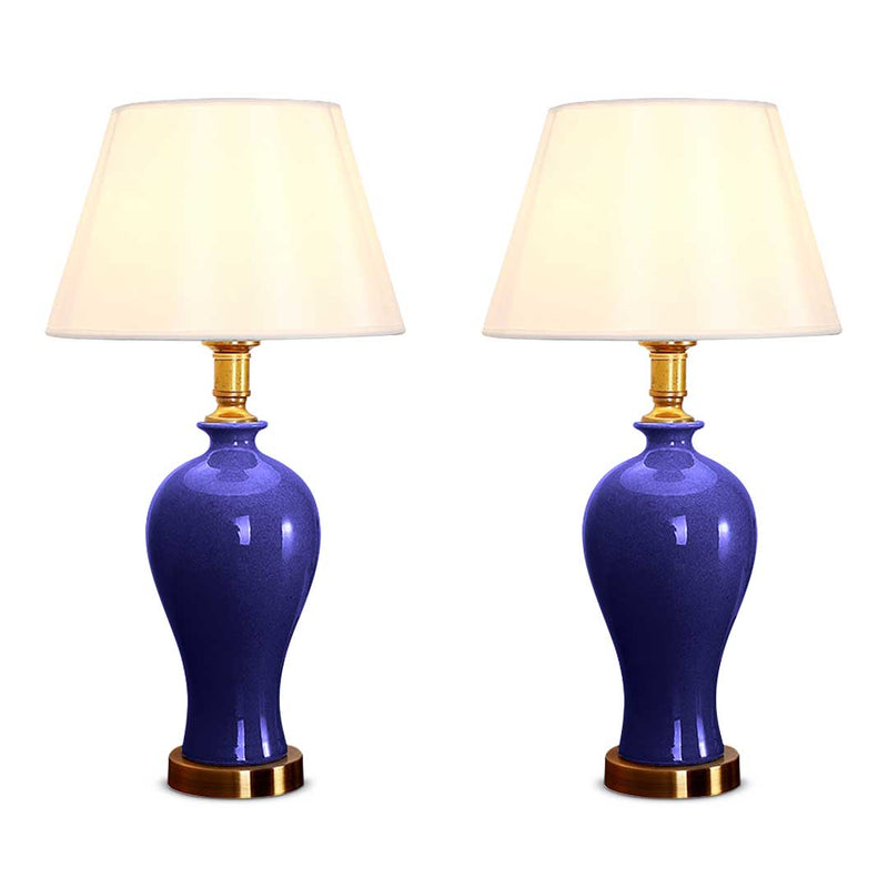 2X Blue Ceramic Oval Table Lamp Gold Metal Base Fabric Drum Shade 46cm