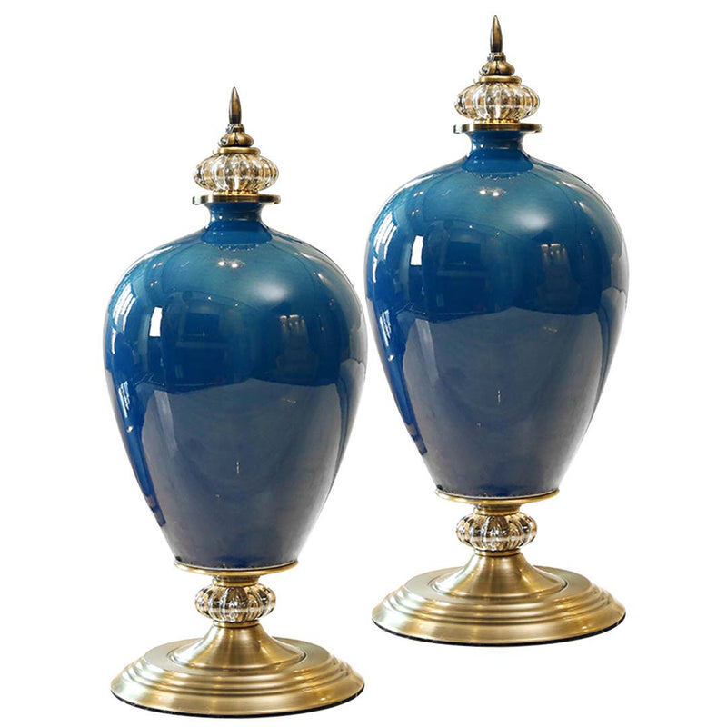 2X Dark Blue Ceramic Oval Flower Vase Gold Metal Base 42cm Indoor Outdoor Decor