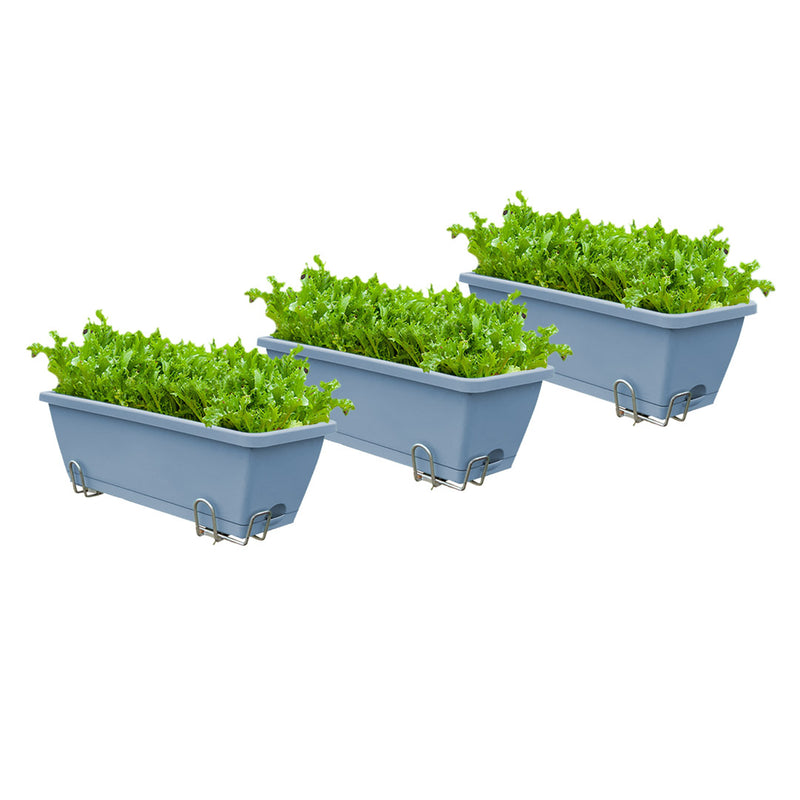 Rectangular Plastic Planter With Iron Frame 49.5cm Blue Drainage Set of 3
