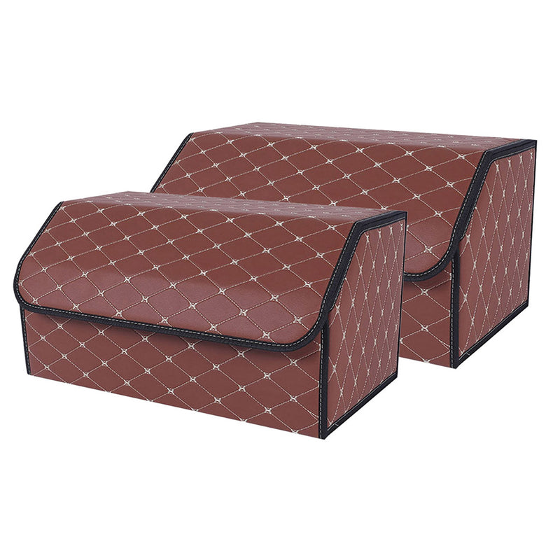 2X Leather Car Trunk Organizer 55x30x30 Collapsible Foldable Coffee Gold Stitch