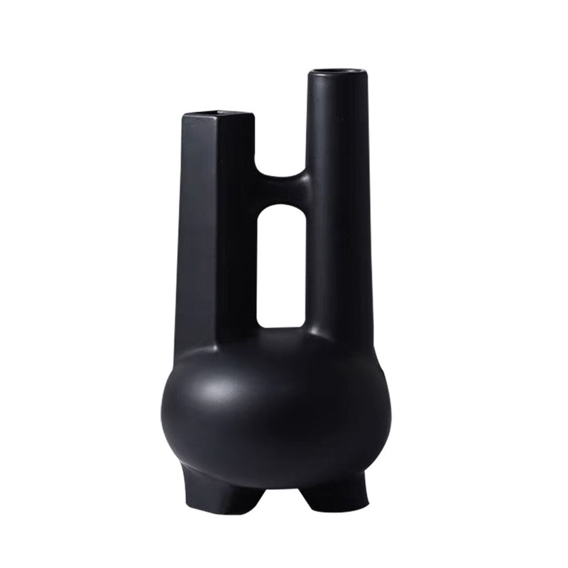 Geometric Double Tube Ceramic Vase 20.5x36.5cm Minimalist Black Sculpture