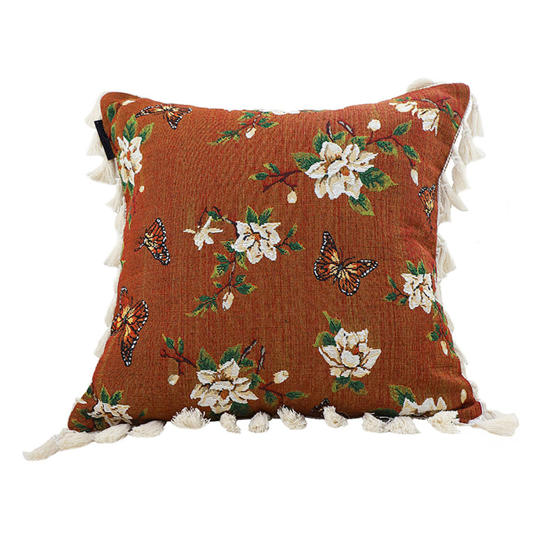 45cm Vintage Butterfly Flower Tassel Velvet Throw Pillow Caramel