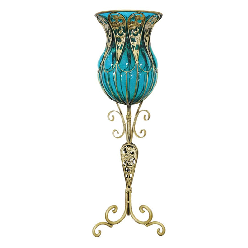 85cm Tall Blue Glass Floor Vase Gold Metal Stand