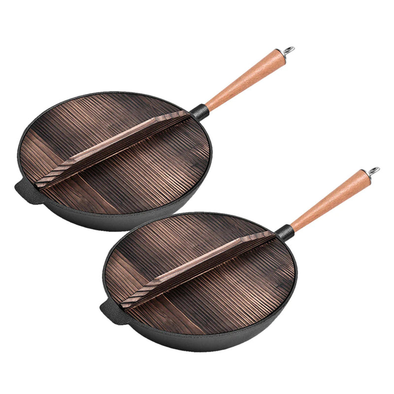 2X 31cm Cast Iron Wok Fry Pan Black Wood Handle Nonstick Induction