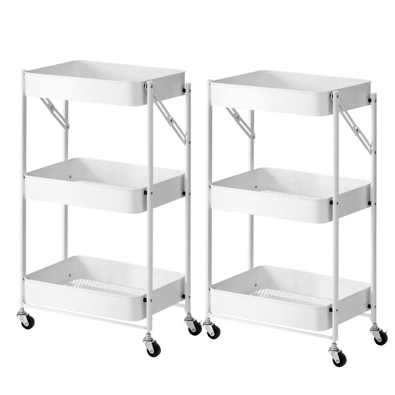 2X 3 Tier White Foldable Steel Kitchen Cart Portable Shelves With Wheels