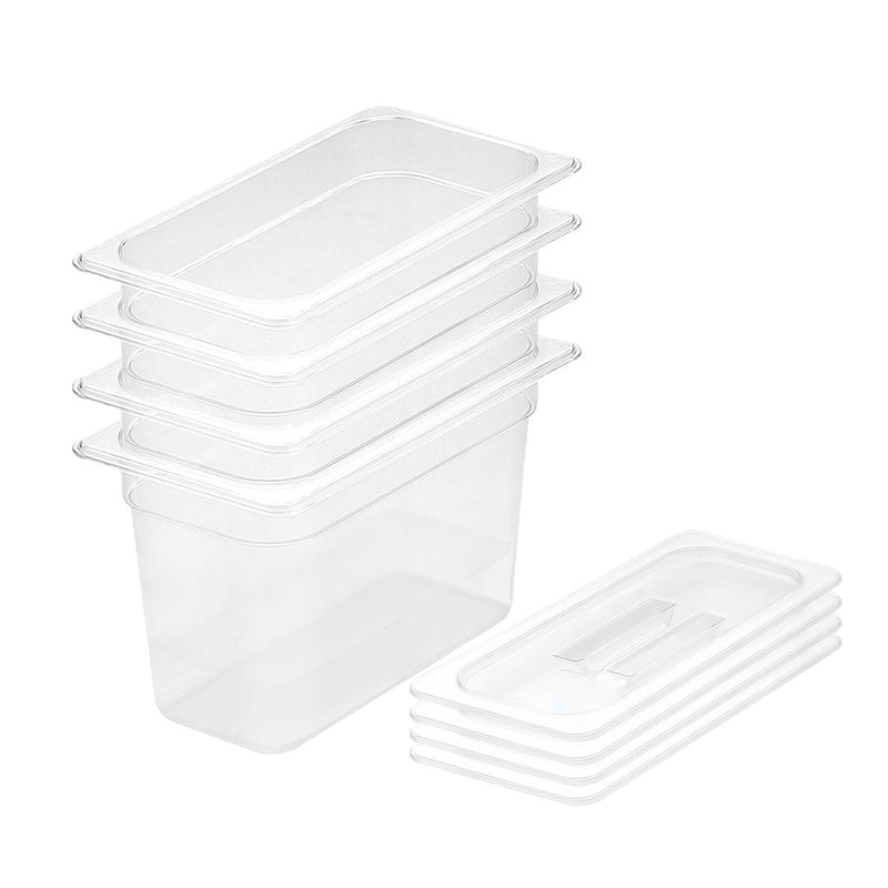 200mm Clear GN Food Tray Set of 4 Polycarbonate With Lids Dishwasher Safe