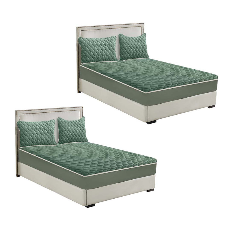 2X Green 153cm Quilted Fleece Mattress Cover Set with Pillow Covers