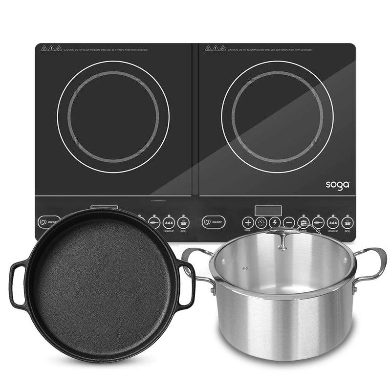Dual Burner Induction Cooktop 30cm Cast Iron Griddle 30cm Stainless Casserole