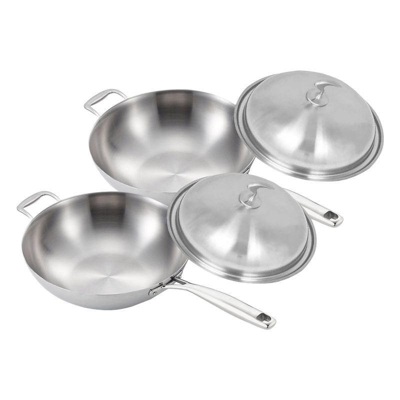 2X Stainless Steel Fry Pan 34cm With Lid Non-Stick Skillet Dishwasher Safe