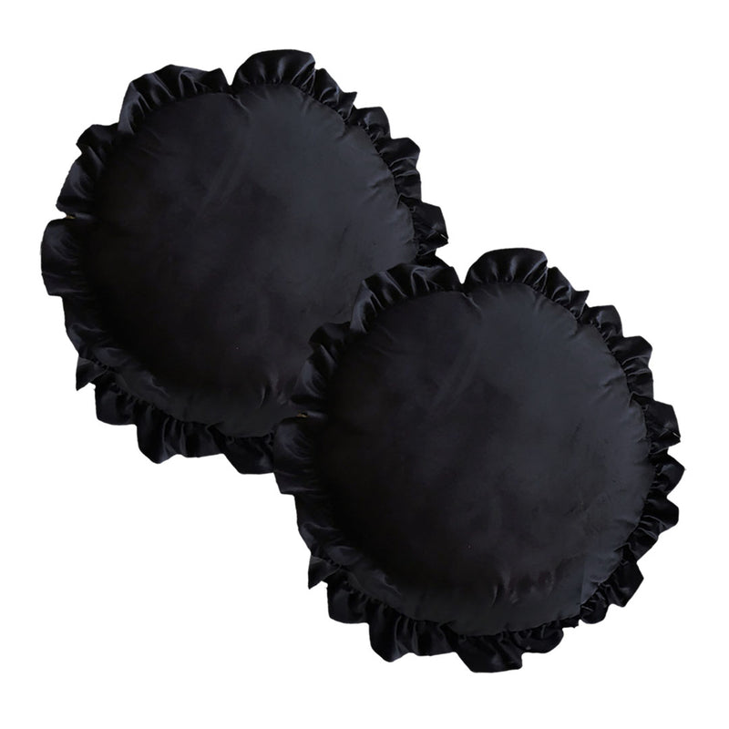 2X Velvet Round Throw Pillow 45CM Black Lotus Leaf Edge Vintage Decor Cushion