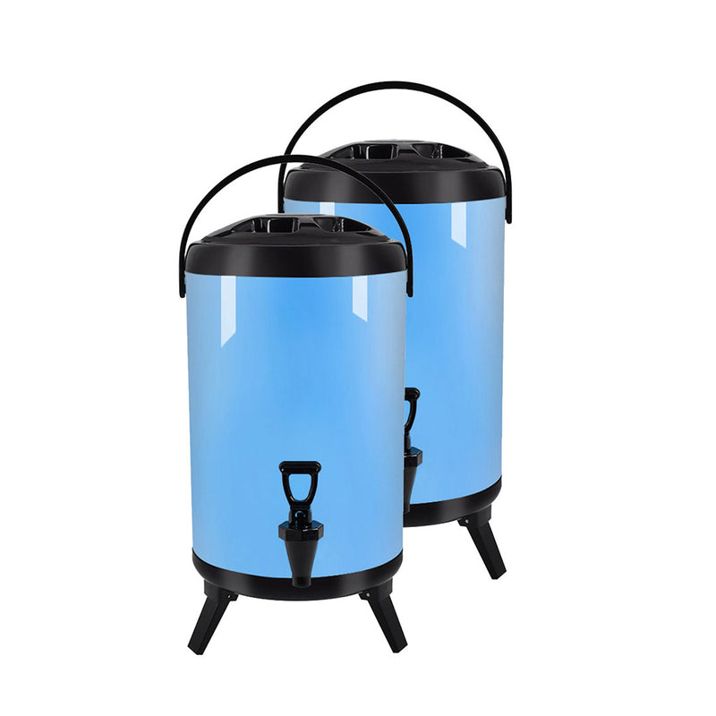 2X 8L Stainless Steel Insulated Milk Tea Dispenser With Faucet Blue