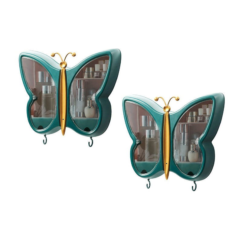 2X Green Butterfly Wall-Mounted Makeup Organizer Dustproof Waterproof Storage