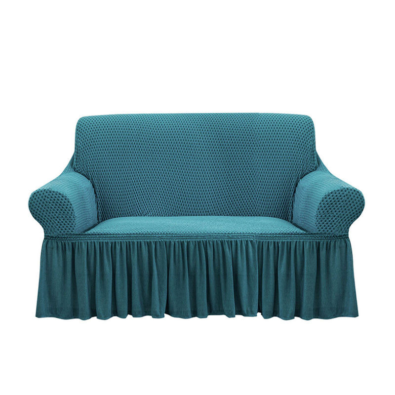 2 Seater Polyester Sofa Cover Ruffled Skirt High Stretch Blue Fits 145 To 185 Cm