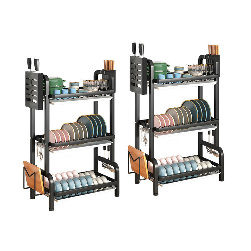 2X 3 Tier 62cm Black Carbon Steel Countertop Dish Rack Cutlery Board Holders