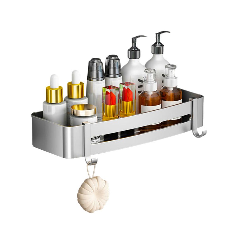 Silver Wall-Mounted Aluminum Bathroom Shelf Rack Space Saving Waterproof Hooks