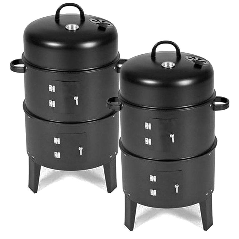 2X 3 In 1 Barbecue Smoker Grill Black Porcelain Coated Steel 40cm Dia 80cm H
