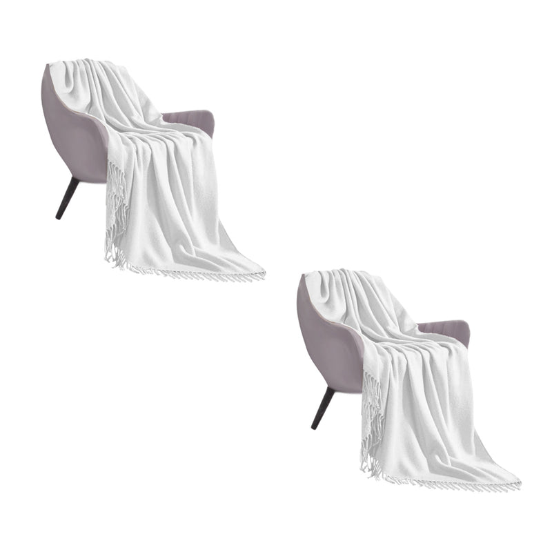 2X Knitted Acrylic Throw Blanket 130cmx220cm Fringed White Cozy