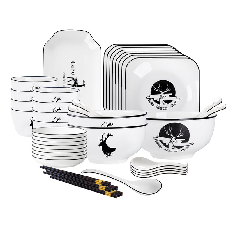 White Antler Print Ceramic Dinnerware Set of 28 Square Bowls Plates Spoons
