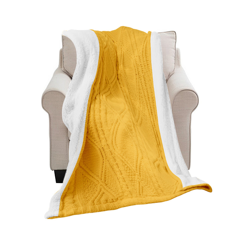 Knitted Chenille Fleece Throw Blanket 200x230cm Reversible Suede Yellow White
