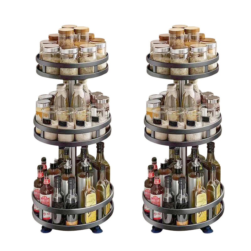 2X 3 Tier Steel Rotating Spice Rack Black 25cmx25cmx59cm Countertop Organizer