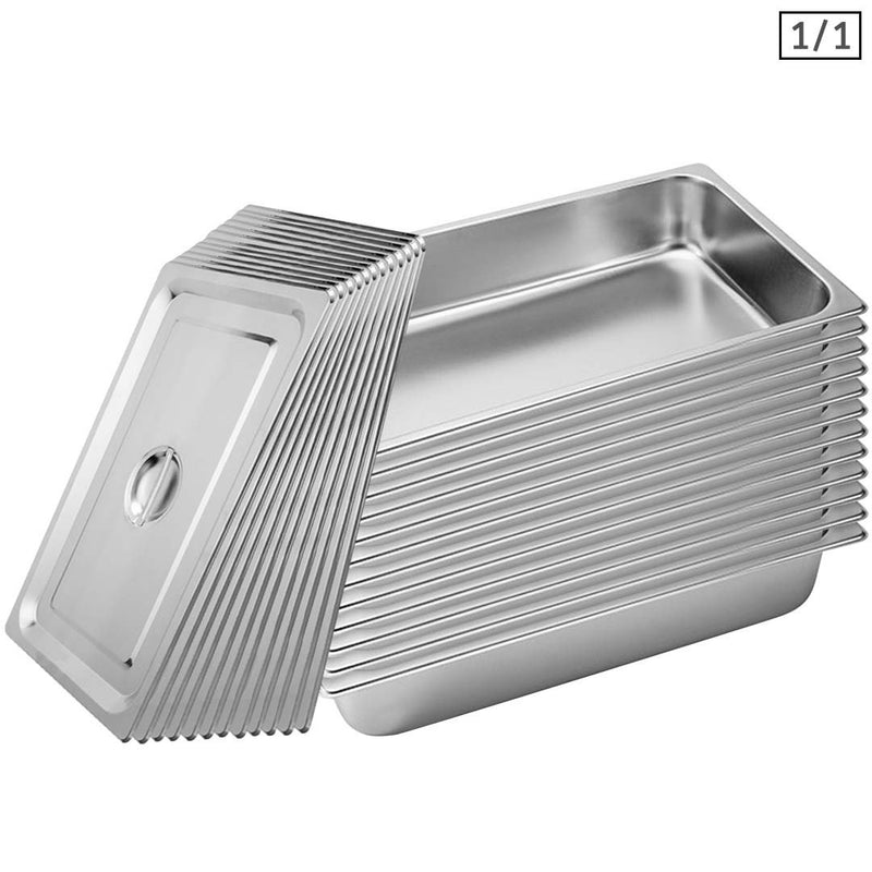12X Full Size 1/1 Gastronorm Pan 53cm X 32.5cm X 10cm Stainless Steel With Lid