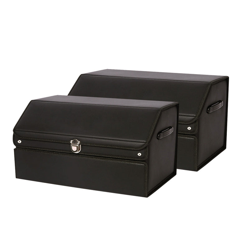 2X 60cm Leather Car Boot Organizer Box Collapsible Lockable Black