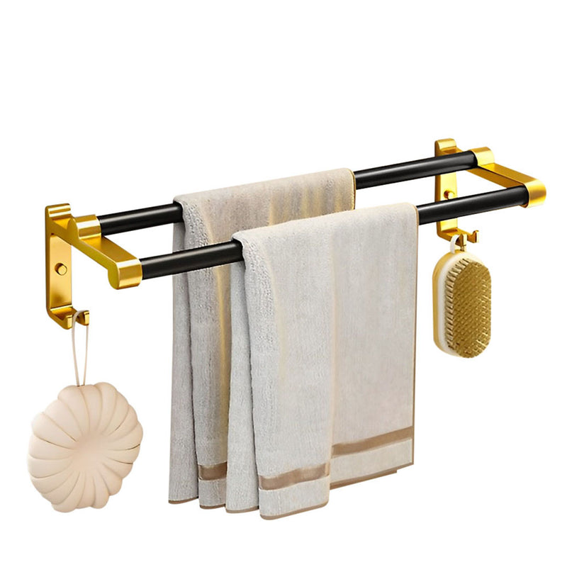 61cm Aluminum Wall Mounted Double Pole Towel Rack With Hooks Black Gold