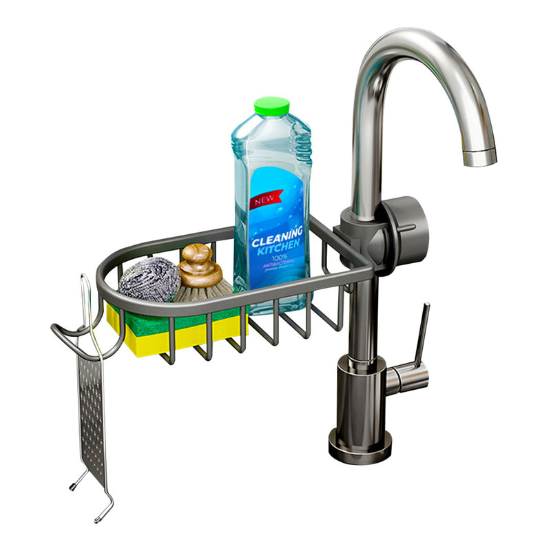 Kitchen Sink Faucet Sponge Caddy Aluminum Storage Rack Dark Grey 28.5x12x8cm