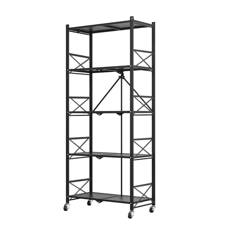 5 Tier Carbon Steel Foldable Storage Rack With Wheels Black