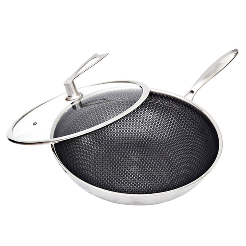 32cm 304 Stainless Tri Ply Frying Pan Textured Non Stick Glass Lid Induction