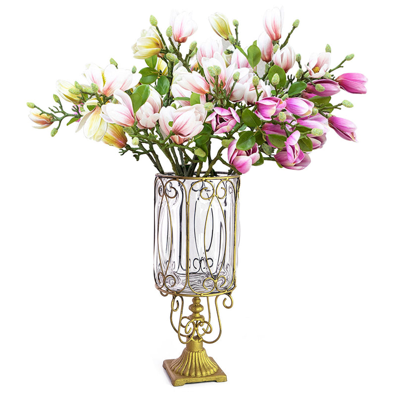 Clear Glass Vase Artificial Magnolia Flowers Silk 6 Bunch 4 Heads Decor Purple