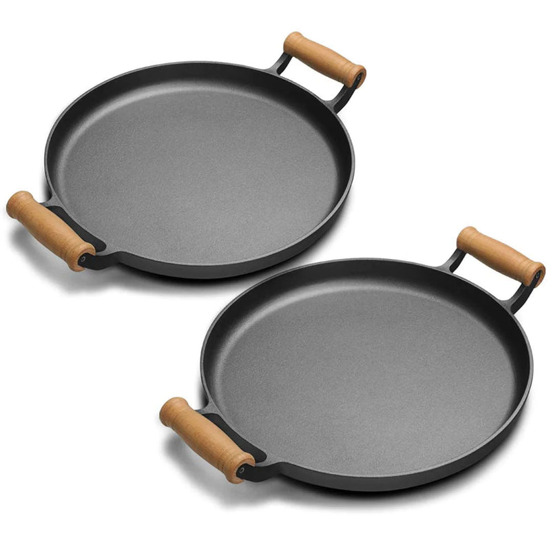 2X 35cm Cast Iron Skillet Preseasoned Nonstick Wooden Handle No Lid