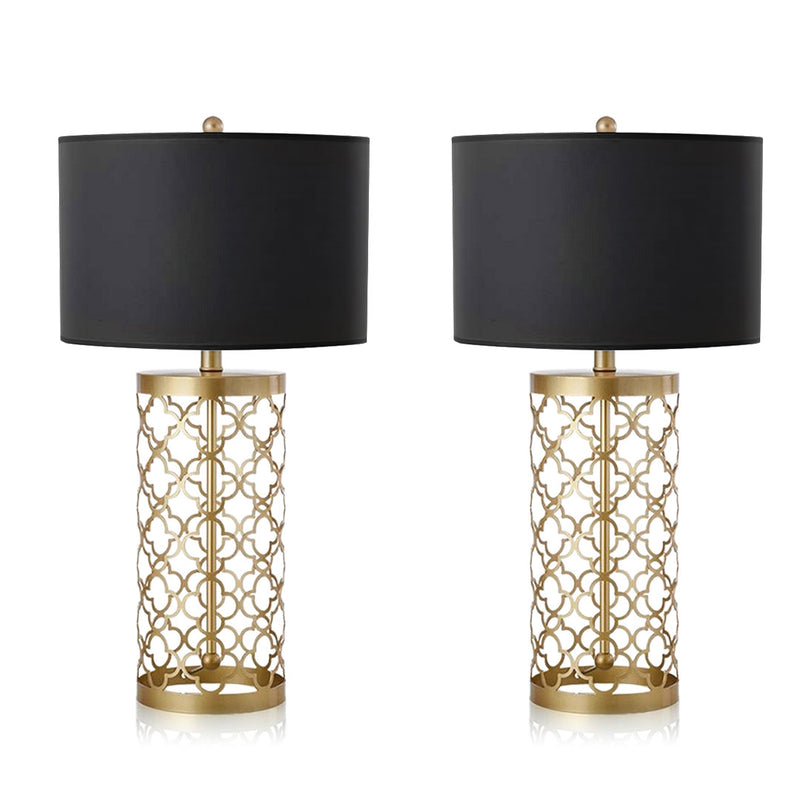 2X Golden Hollowed Out Metal Table Lamp Large 38x72cm Fabric Drum Shade Dark