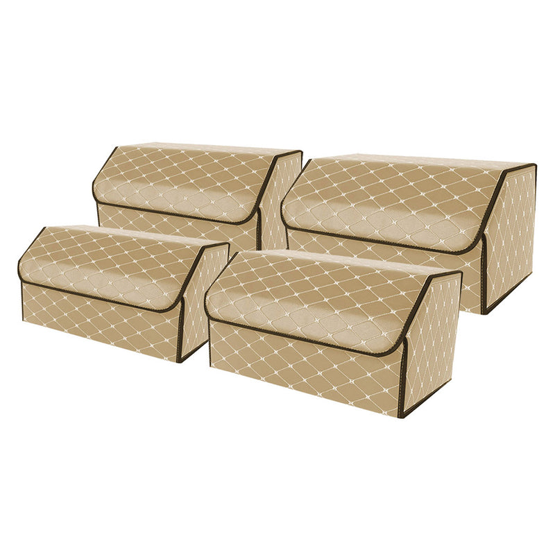 4X Leather Car Boot Organizer 55x30x30Cm Collapsible Beige Gold Stitch