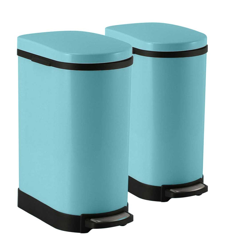 2X 10L Blue Stainless Steel Foot Pedal Trash Bin With Soft Close Lid