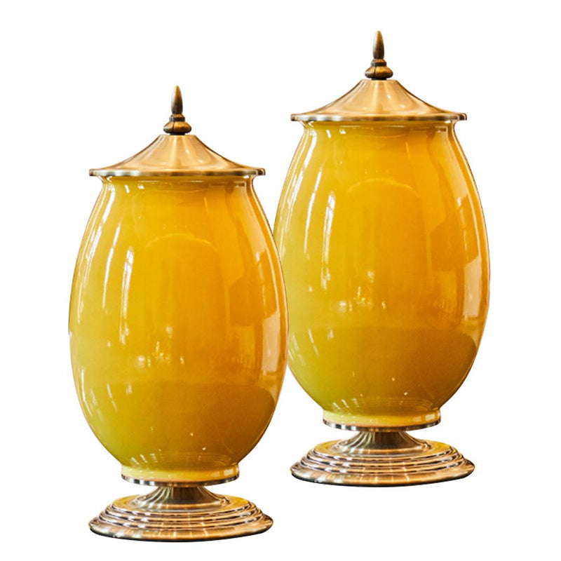 2X Ceramic Oval Flower Vase Gold Metal Base 18cm X 40.5cm Yellow