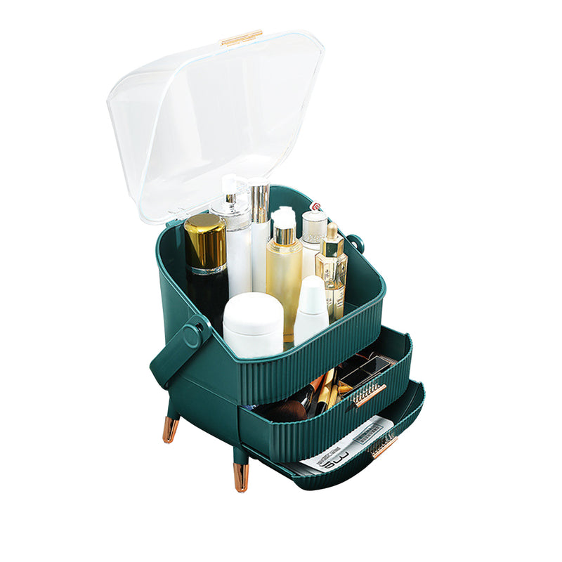 29cm Green Plastic Countertop Makeup Organizer Lid Handle Drawers For Skincare