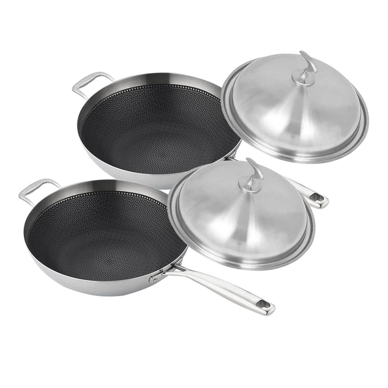 2X 34cm Stainless Steel Fry Pan Textured Nonstick Interior Helper Handle Lid