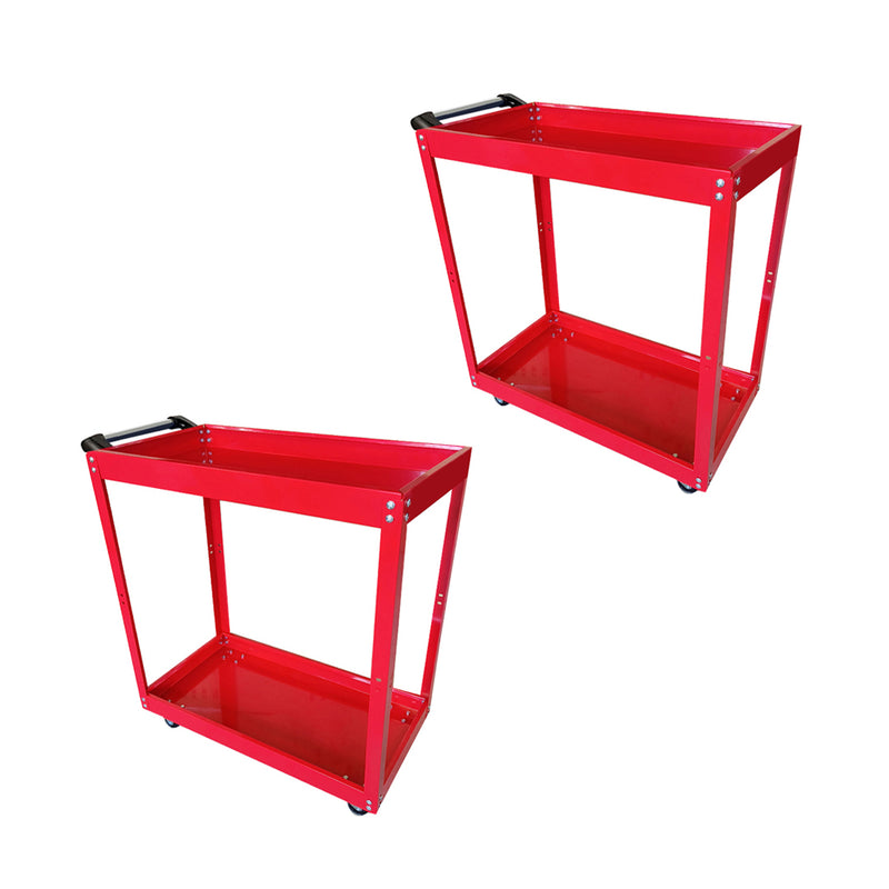 2X Heavy Duty 2 Tier Rolling Tool Cart Cold Rolled Steel 73cm 25kg Capacity Red