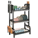 3 Tier 62cm Black Carbon Steel Kitchen Dish Drying Rack with Cutlery Holder