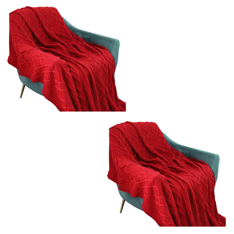 2X Throw Blanket Polyester 130x170cm Chunky Yarn Woven Red Christmas