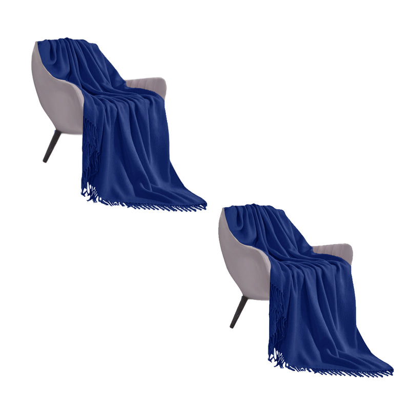 2X Acrylic Knitted Throw Blanket 130cmx220cm Fringed Cozy Royal Blue