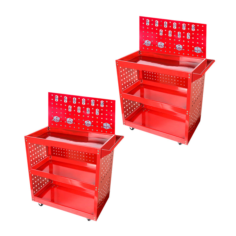 2X 3 Tier Tool Cart Steel 40kg Per Tier Red Ventilated Side Panels Wheels