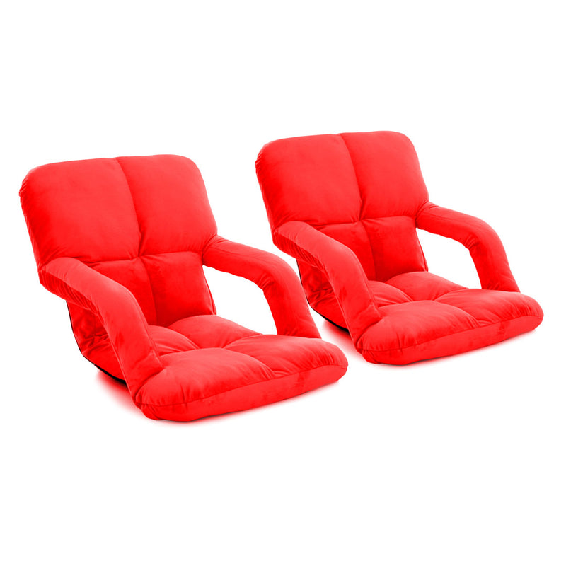 2X Foldable Flannel Floor Recliner Chair With Armrest 5 Angles Red 95x55x14cm