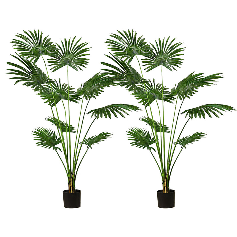 2X 180cm Artificial Polyethylene Fan Palm Tree Green Indoor Outdoor Black Pot
