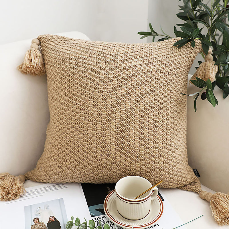 Light Brown Velvet Pillow 50CM Tassel Accents Plush Cushion Decorative Home Use