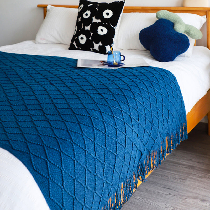 Royal Blue Acrylic Knitted Throw Blanket 130cmx230cm Diamond Jacquard Tassels