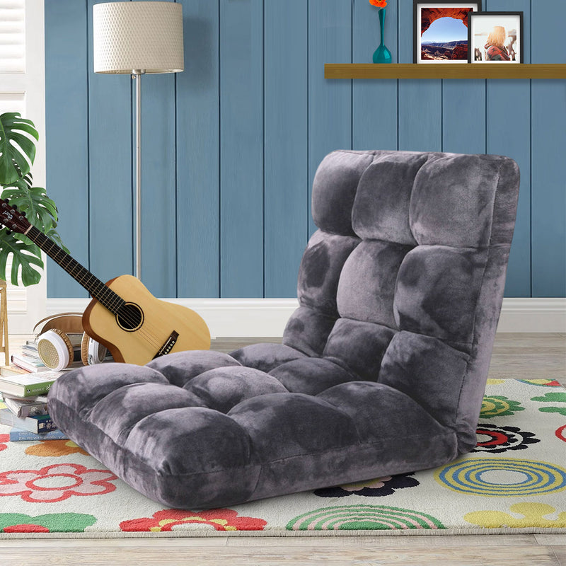 Floor Recliner Folding Lounge Sofa Chair Cushion Grey with 6 Angle Adjustment
