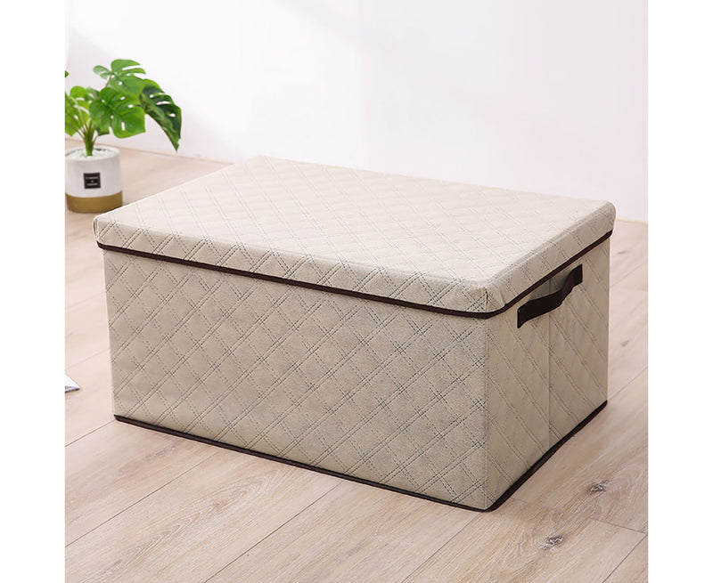 Small Beige Diamond Grid Non-Woven Fabric Storage Box With Lid 35x28x18cm